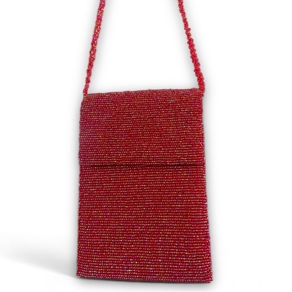 Valerie Stevens Vintage Coral Pink Bohemian Shimmer Crossbody Beaded Purse